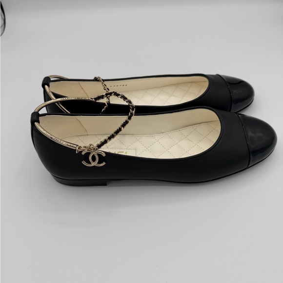 CHANEL Shoes - Chanel Black Lambskin Patent Ankle Charm Ballet Flats Brand New in Box Size 38